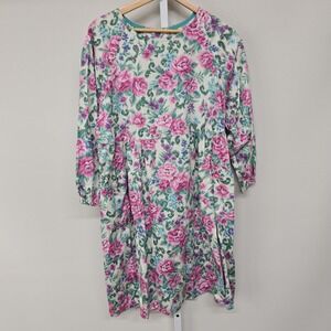 Vintage Style Pink Rose Floral Long Sleeve Smock Dress with Pockets Button Back